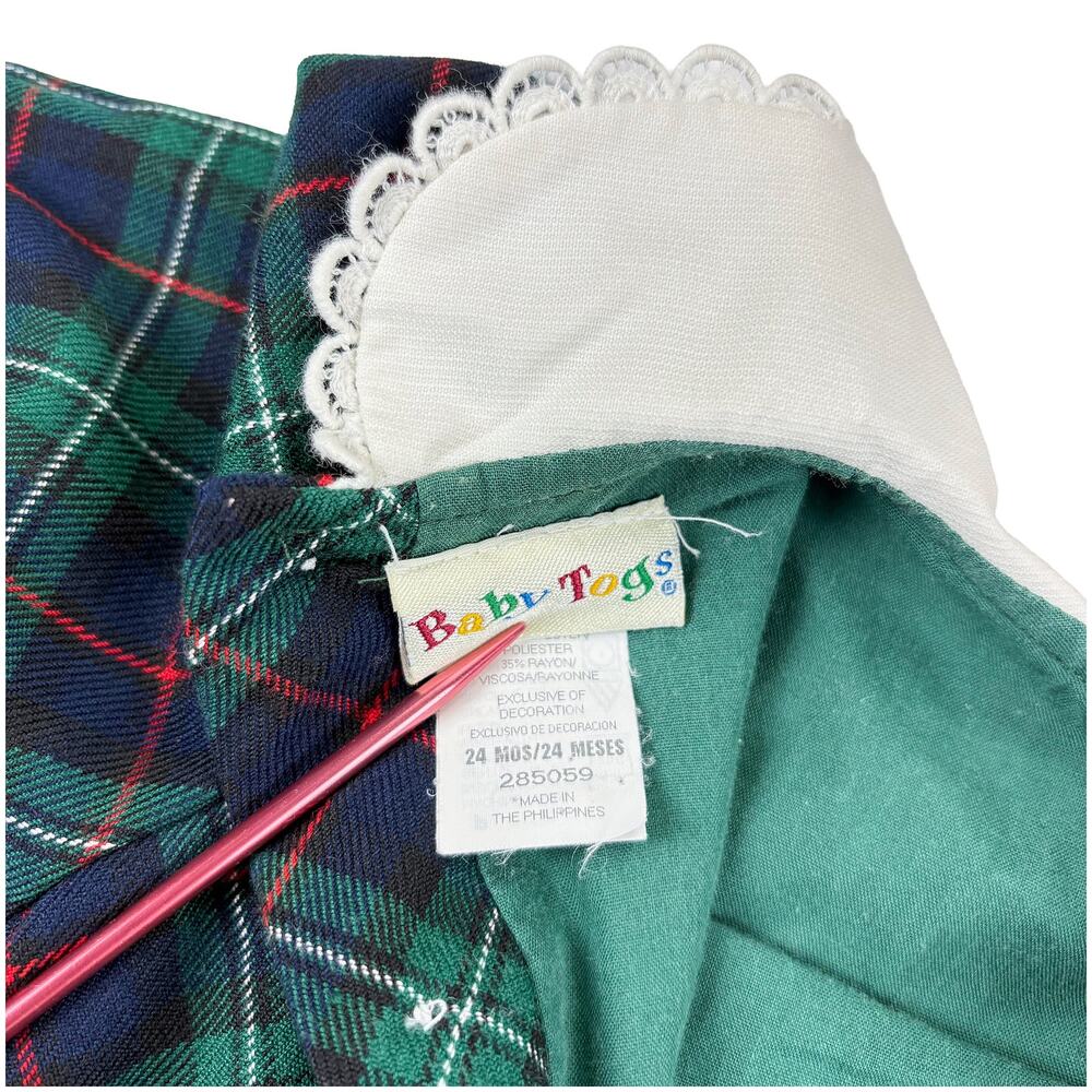 VTG Baby Togs Smocked Plaid Dress Toddler Girls 24M Green Navy Holiday Photos - Picture 8 of 11
